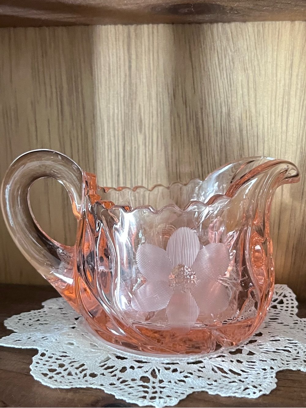 Vintage McKee D.C. Jenkins Pink Depression Glass Creamer Etched Floral Sawtooth